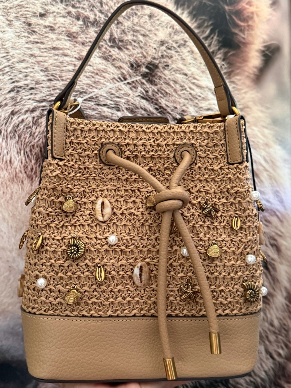 . Steve Madden Tan Seashell Raffia Embellished Mini Bucket Bag